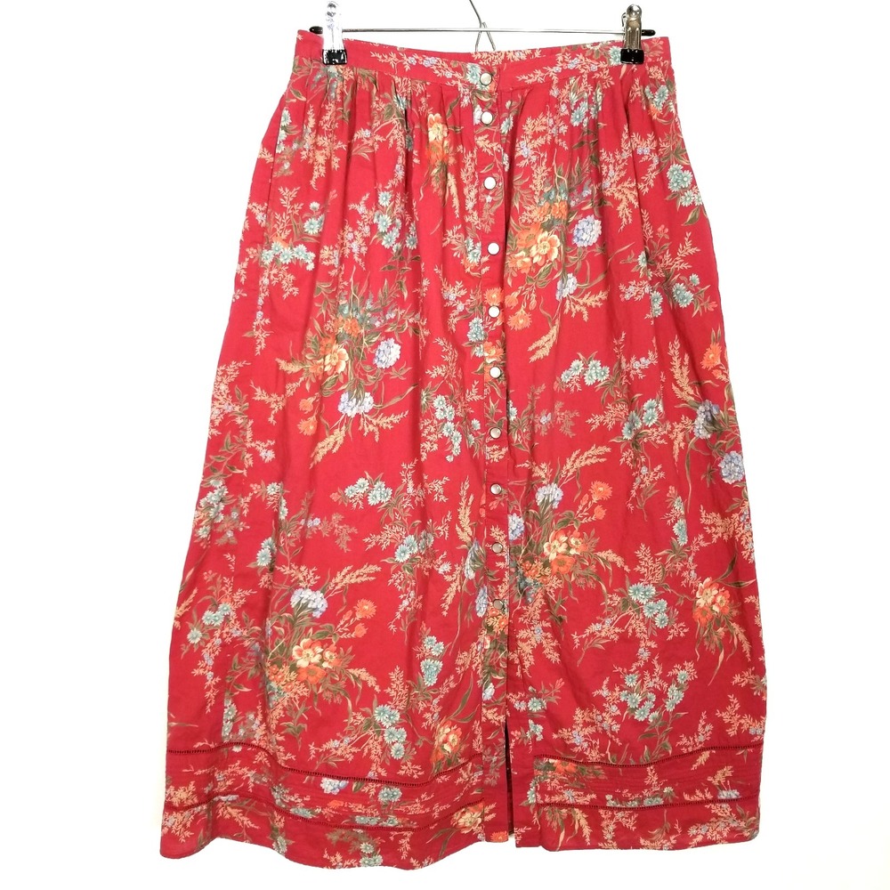Vtg Lauren Ralph Lauren Maxi Prairie Skirt Sz 10 P Boho Cottagecore Red Floral
